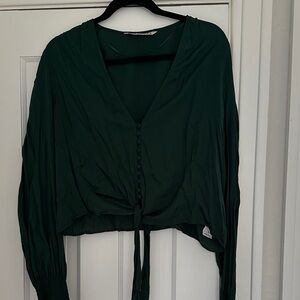 Zara Dark Green Long Sleeve V-Neck Blouse